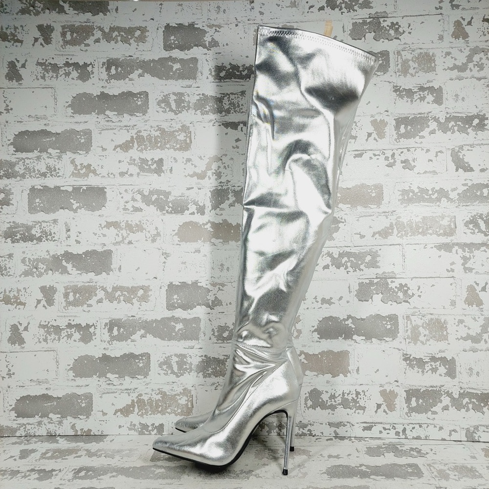 NEW Wild Diva Lounge Shaya Silver Pointy Toe High Heeled Over-the-knee Boot M30 - Picture 1 of 11